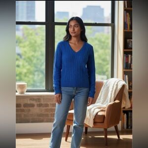 J. Crew Sweater Women XS Blue Cable Knit V Neck Wool Cashmere Preppy Winter Wear